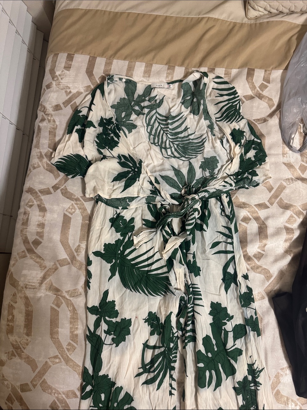 Lush White and Dark Green Tropical Print Jumpsuit